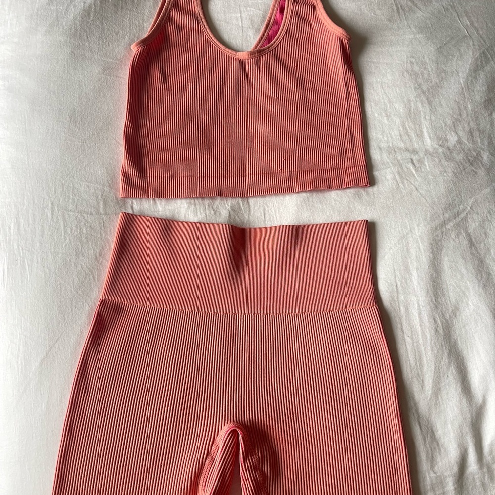 Colsie Coral Ribbed Sports Bra and Shorts Set